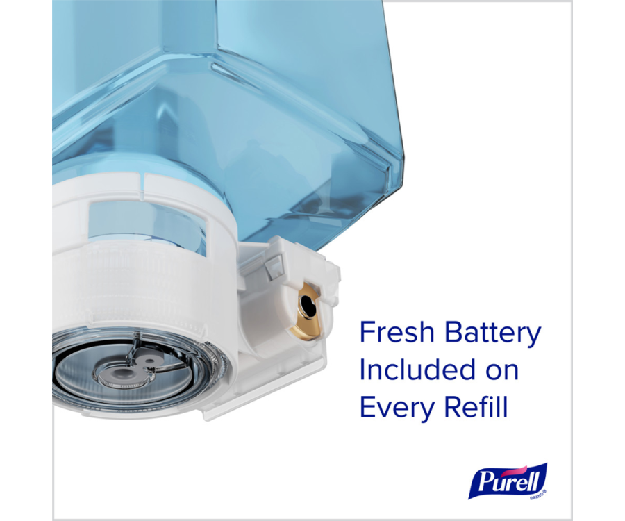 A close-up of a blue liquid dispenser with a white base and visible refill mechanism, text reads 'Fresh Battery Included.' PURELL HEALTHY SOAP™ REDIFOAM™ Foam Soap (2000 ml., 2/Case)